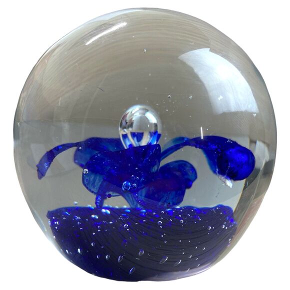 Murano Style Glass Paperweight: Blue Flower Bubble Globe, 3" Desk Decor - Picture 5 of 9